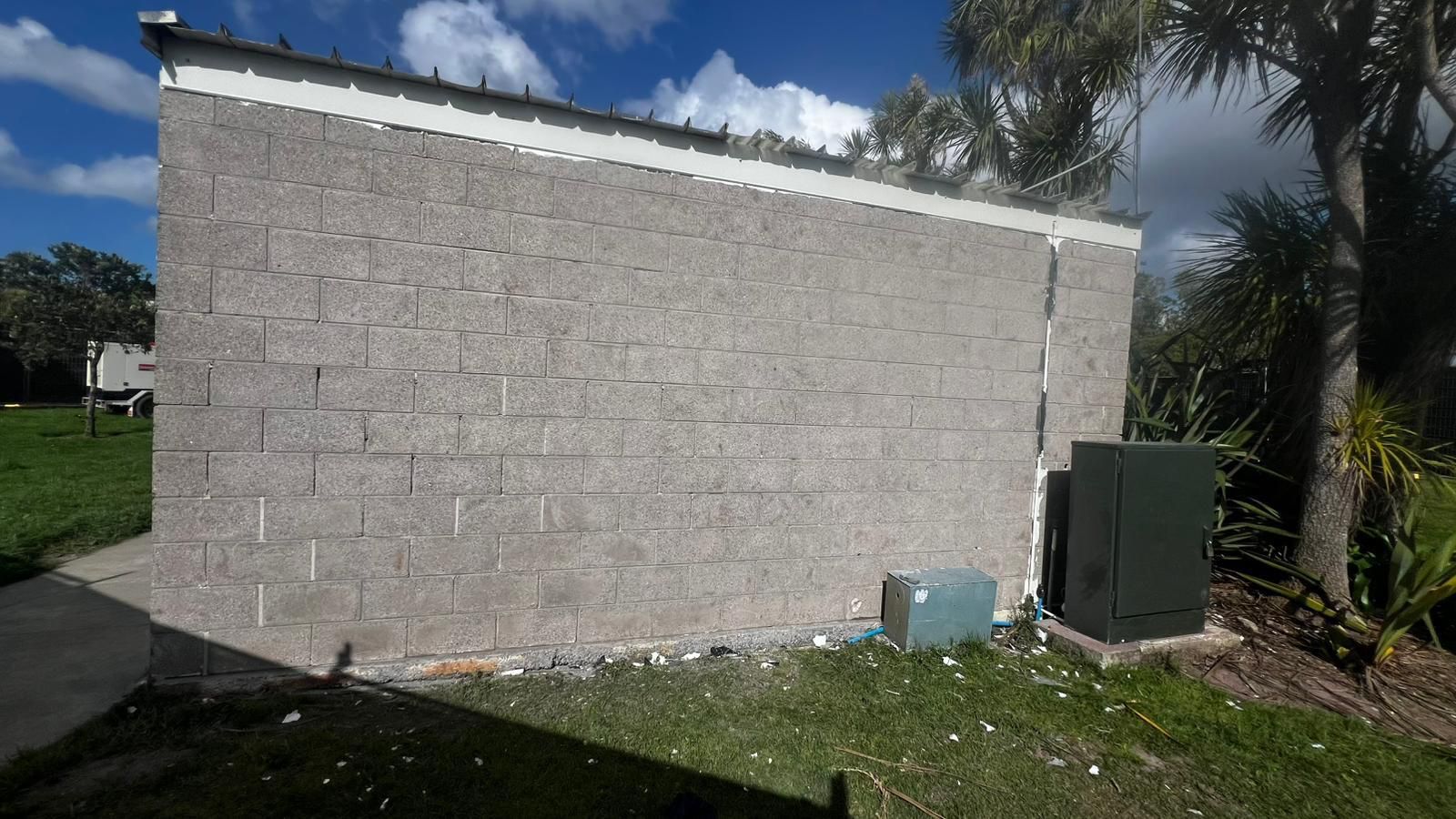 Toilet block wall after sandblasting at Eric Armishaw Park