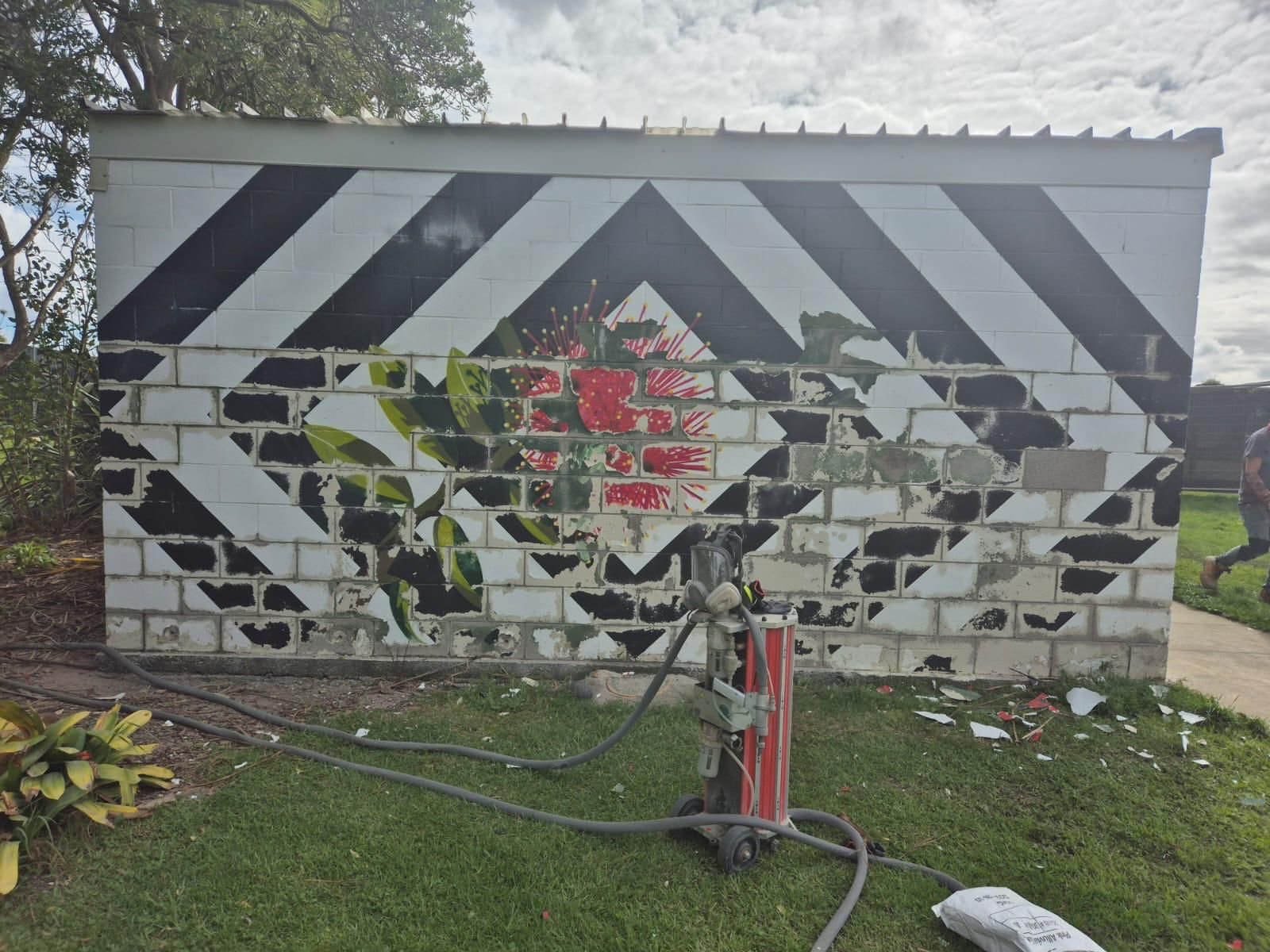 Toilet block wall before Eric Armishaw Park surface restoration